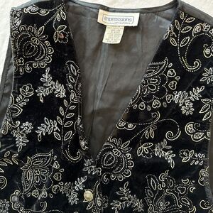 Impressions Vintage Velvet Vest Glitter Floral Women's M 90's Sparkle Black‎